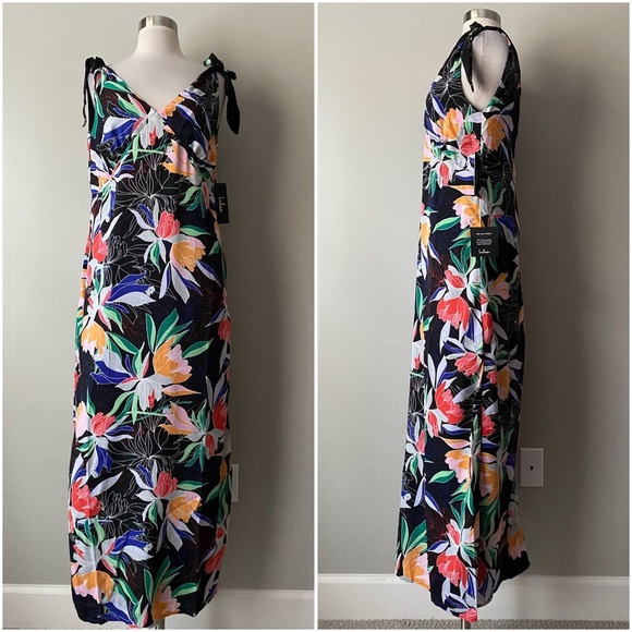 NWT LuLu's Black Tropical Floral Vacation Tie Sleeves A Line Maxi Dress Womens S - Picture 2 of 8